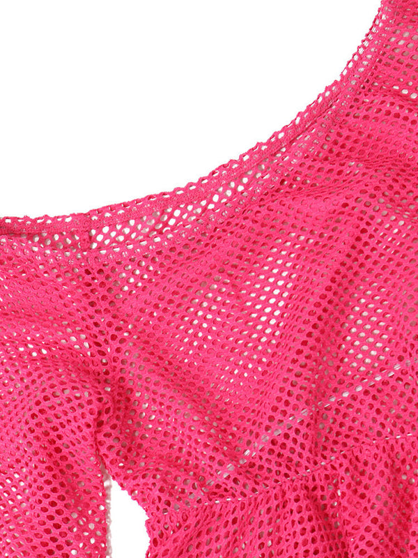 One Shoulder Net Ruffle Hem Tops