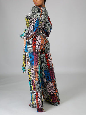 Snake Print V Neck Wide Leg Jumpsuits