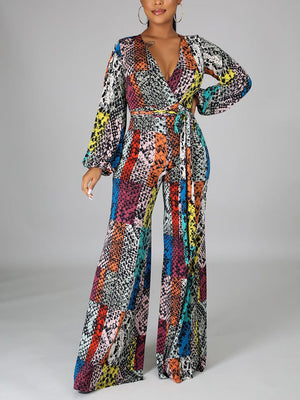 Snake Print V Neck Wide Leg Jumpsuits