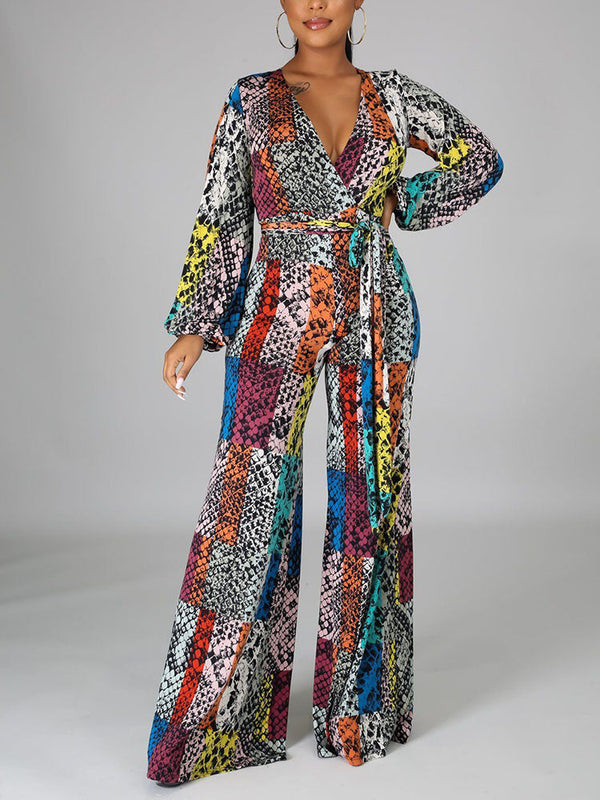 Snake Print V Neck Wide Leg Jumpsuits