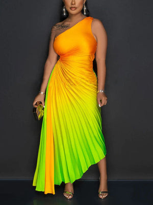 Ombre One Shoulder Pleated Dresses
