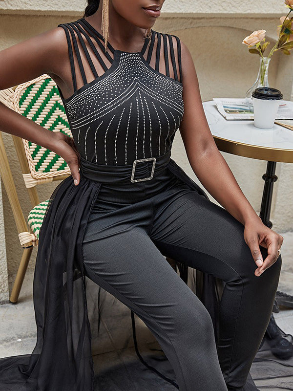 Rhinestone Mesh Sleeveless Jumpsuits