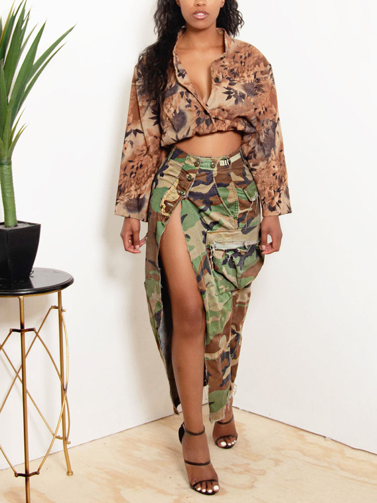 Camo Denim Button High Split Skirts
