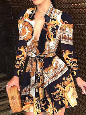 Printed V Neck Belt Dresses