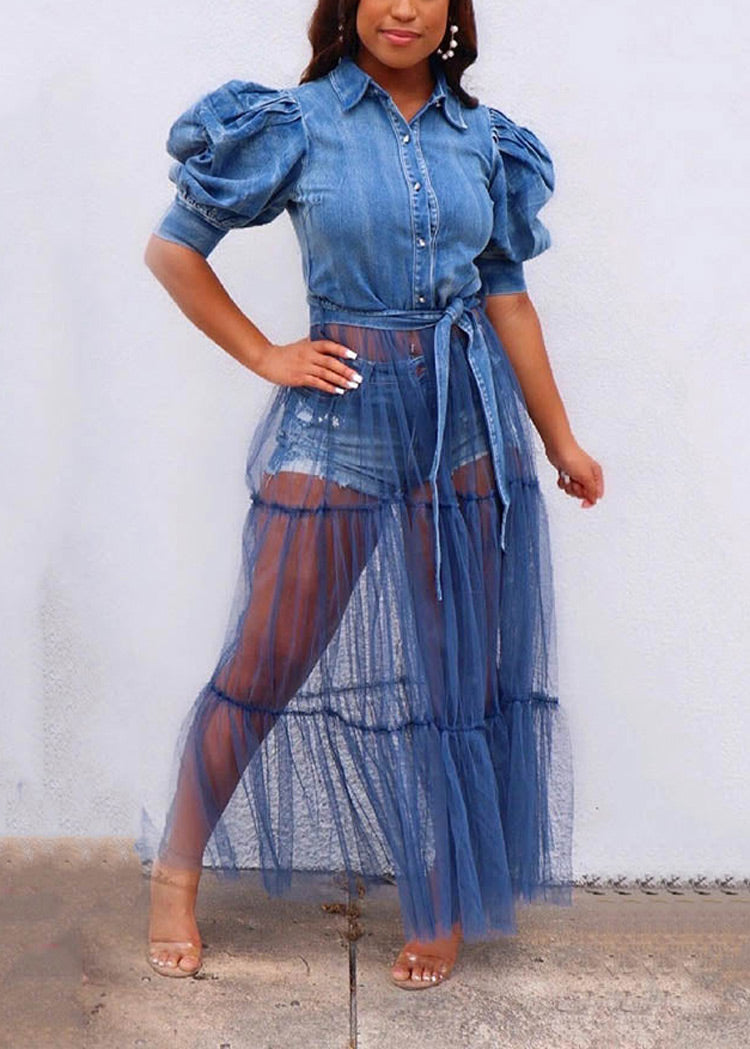 Denim Mesh Tulle Tops