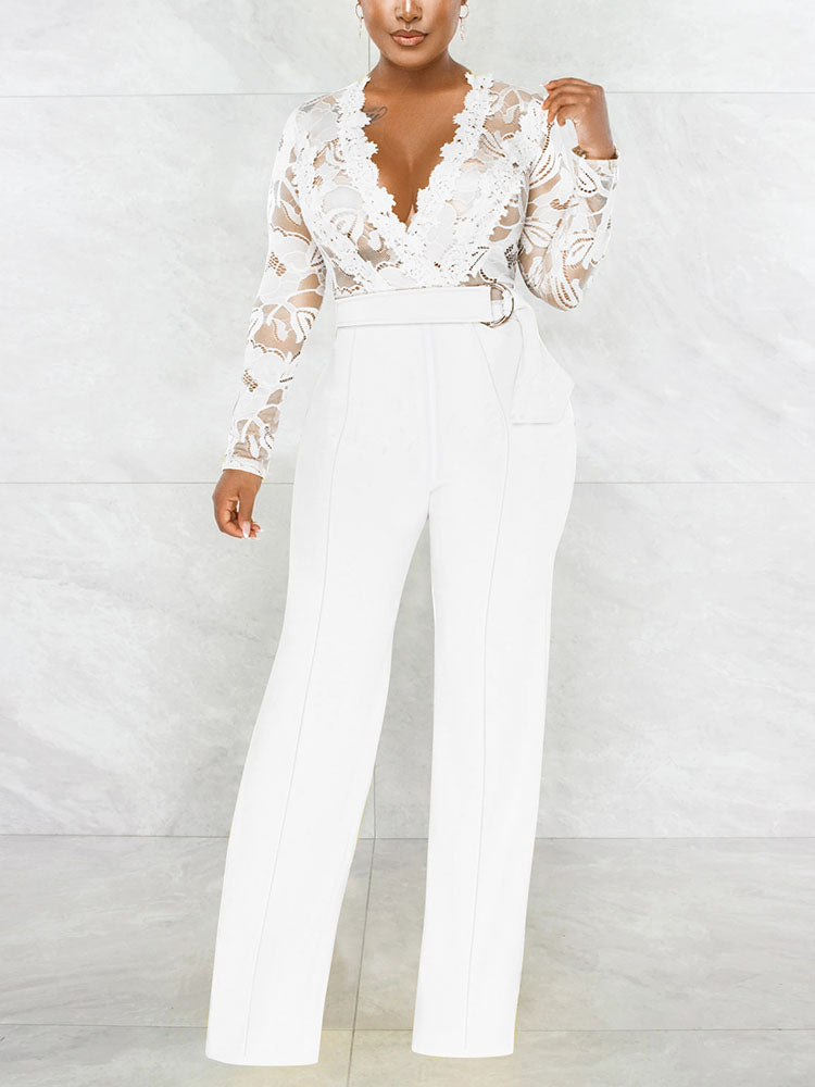 Lace V Neck With Belt Jumpsuits