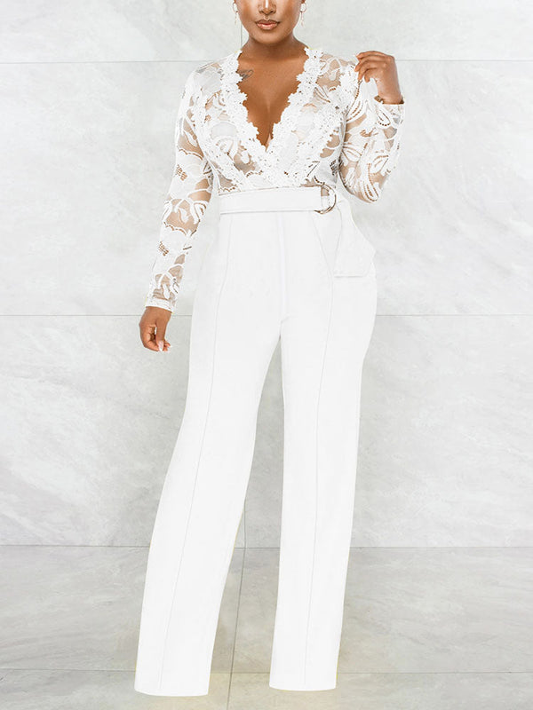 Lace V Neck With Belt Jumpsuits