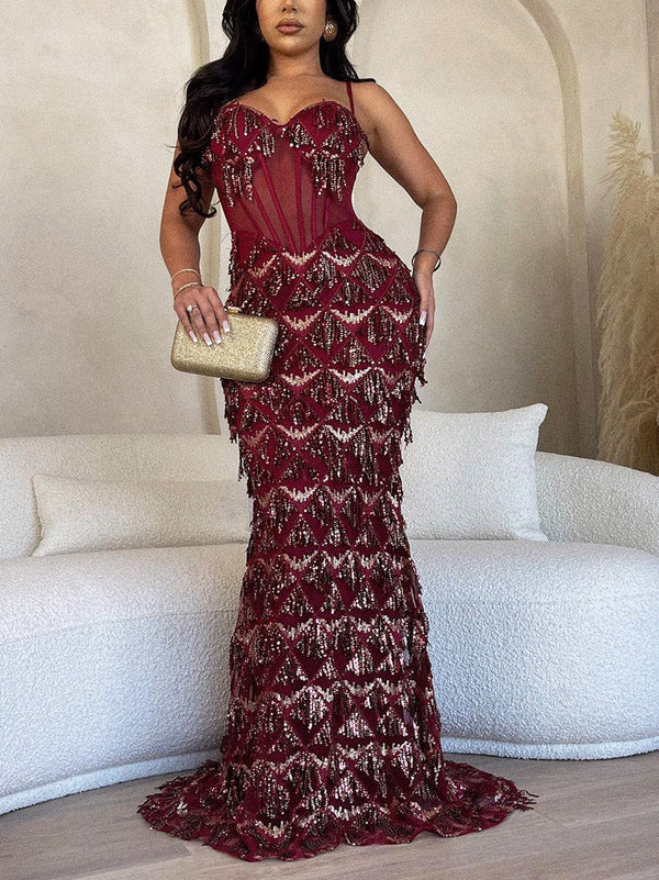 Sequin Fringed Gown Maxi Dresses