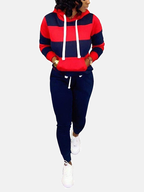 Striped Kangaroo Pocket Hooded Pants Set
