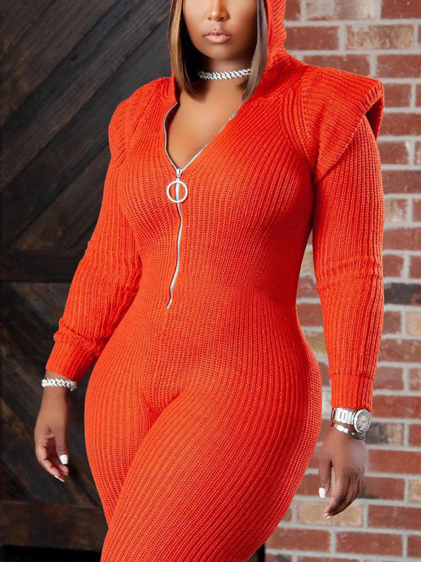 Knitted Padded Shoulder Hooded Jumpsuits