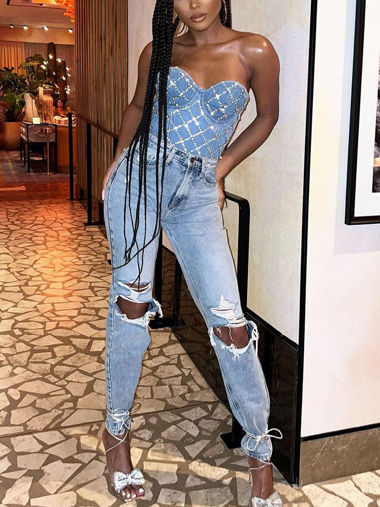 Rhinestone Denim Bustier Tops