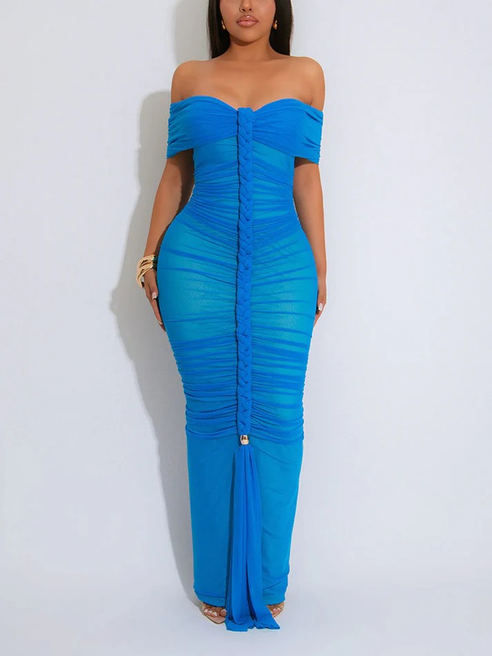Ruched Mesh Braid Rope Maxi Dresses