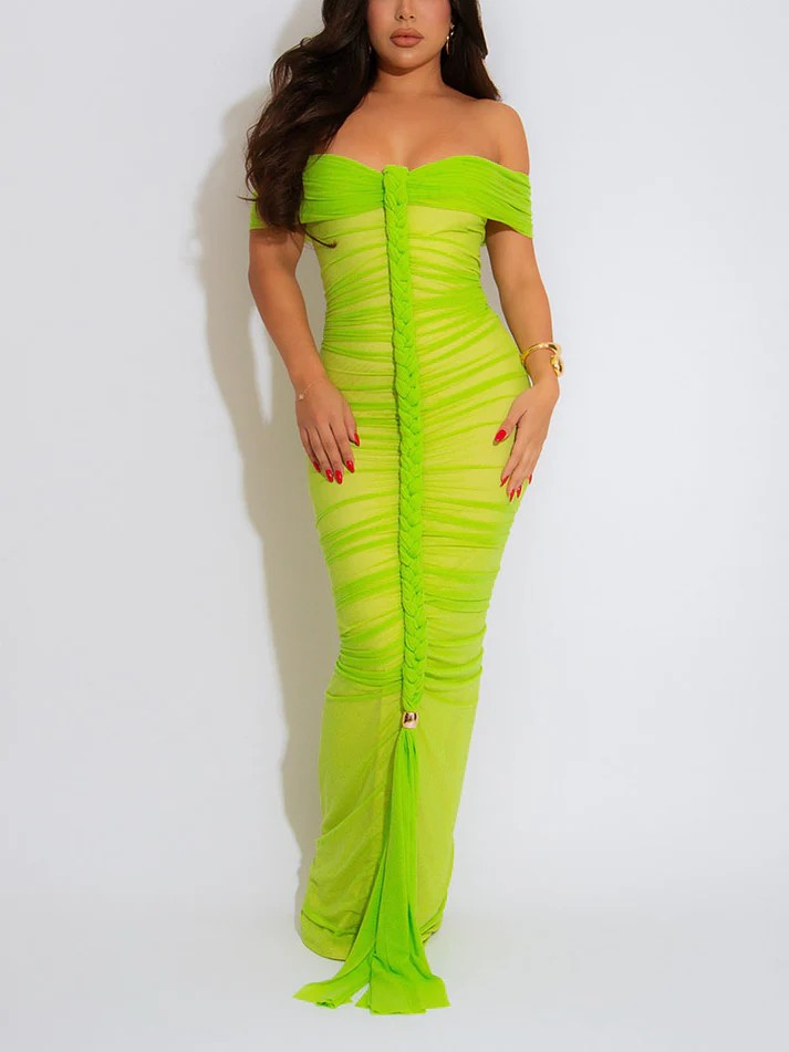 Ruched Mesh Braid Rope Maxi Dresses