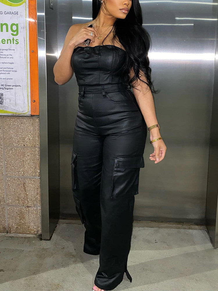 Leather Tube Cargo Jumpsuits