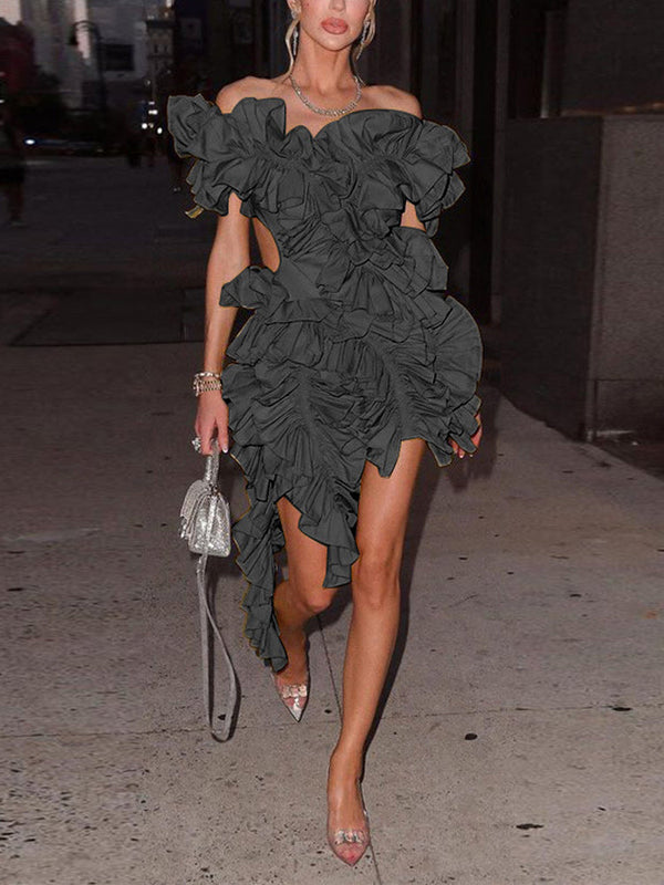 Butterfly Sleeve Asymmetrical Floral Ruffles Dresses