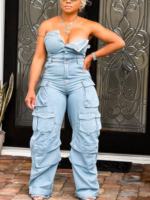 Denim Strapless Cargo Jumpsuits
