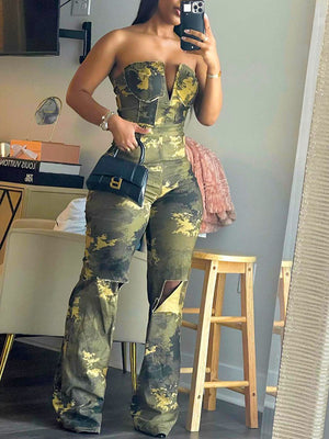 Ripped Strapless Camo Jumpsuits