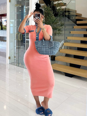 Denim-Trimmed Bodycon Midi Dresses