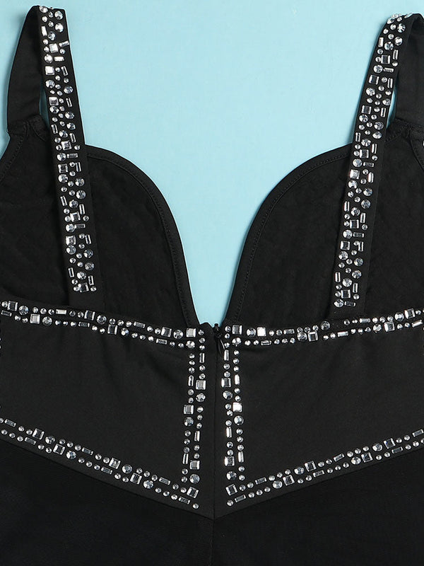 Rhinestone Mesh Contrast Jumpsuits