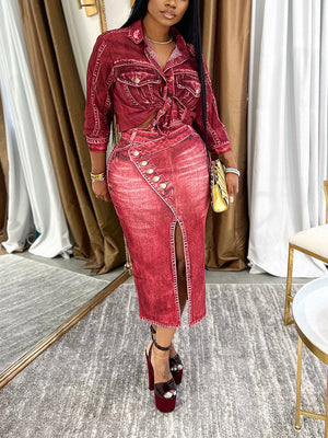 Denim Print Shirt Skirt Set