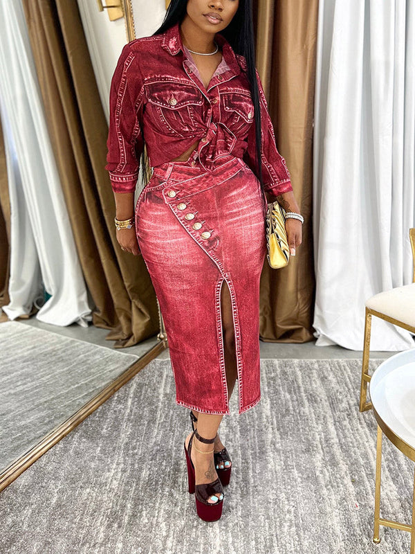 Denim Print Shirt Skirt Set