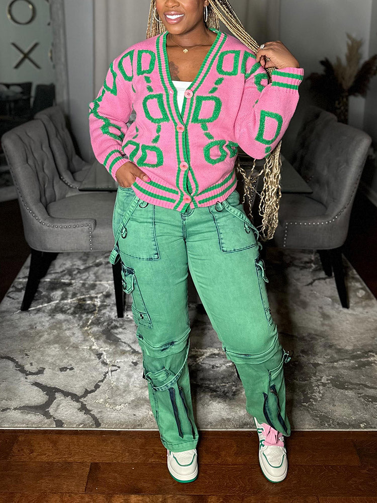 Contrast Letter Knit Cardigans