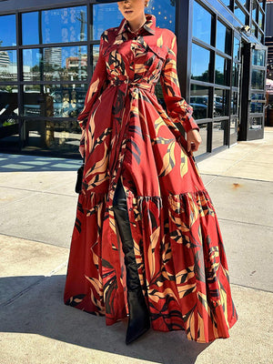 Leaf Print Ruffle Hem Dresses