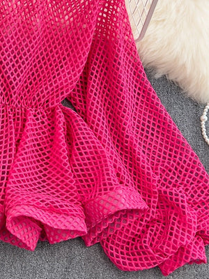 One Shoulder Net Ruffle Hem Tops