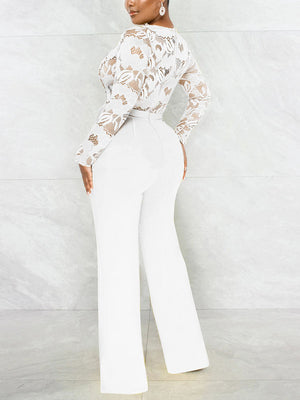 Lace V Neck With Belt Jumpsuits