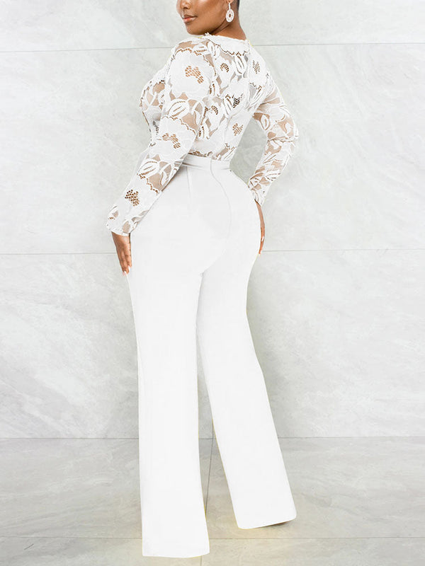 Lace V Neck With Belt Jumpsuits
