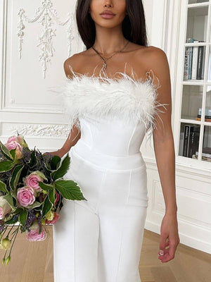 Strapless Feather Wide Leg Jumpsuits