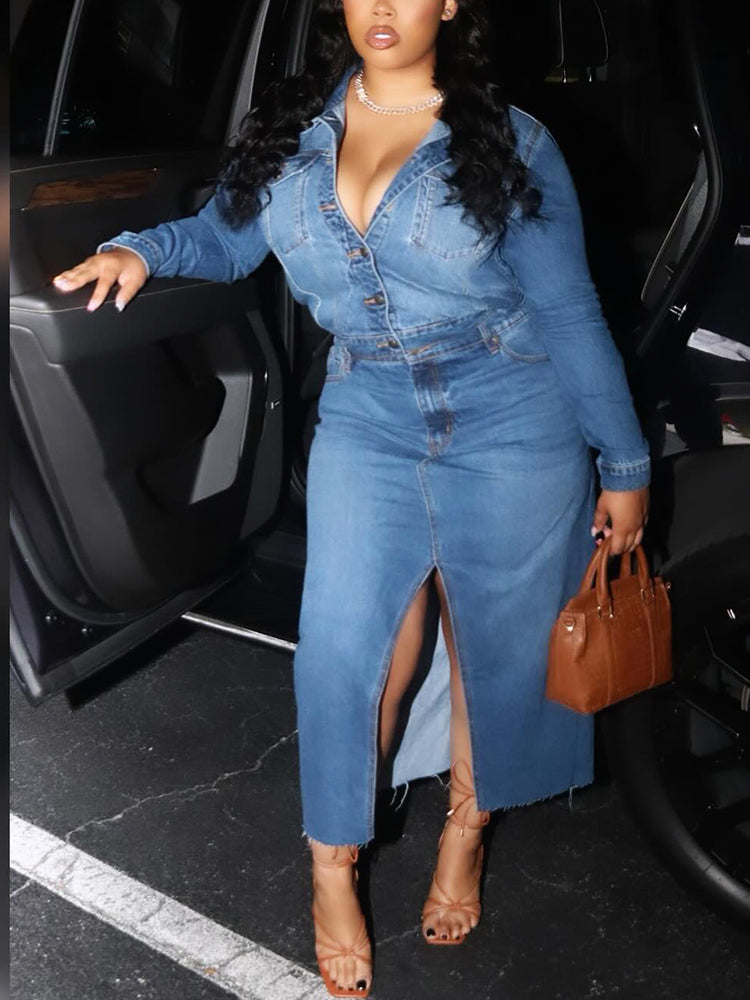 Denim Slit Maxi Dresses