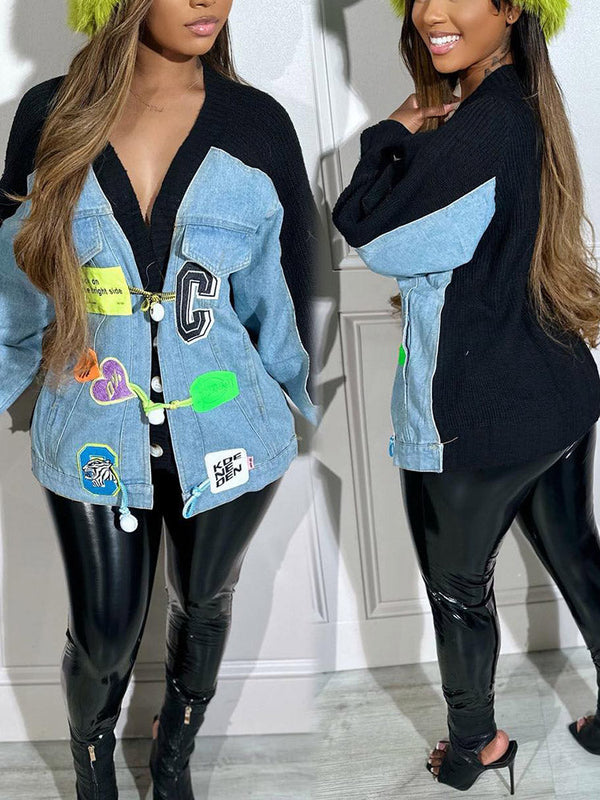 Button Denim Knit Cardigans