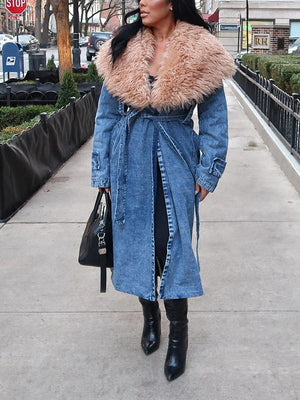 Fur Collar Denim Trench Coats