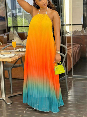 Ombre Pleated Backless Maxi Dresses