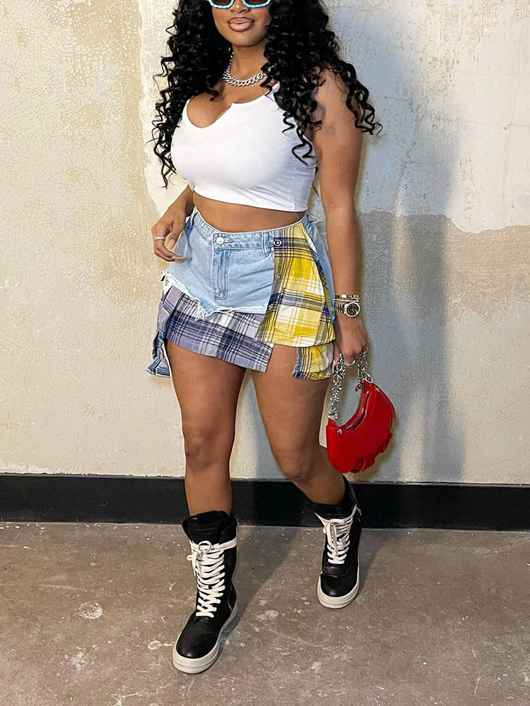 Denim Patchwork Plaid Irregular Skirts
