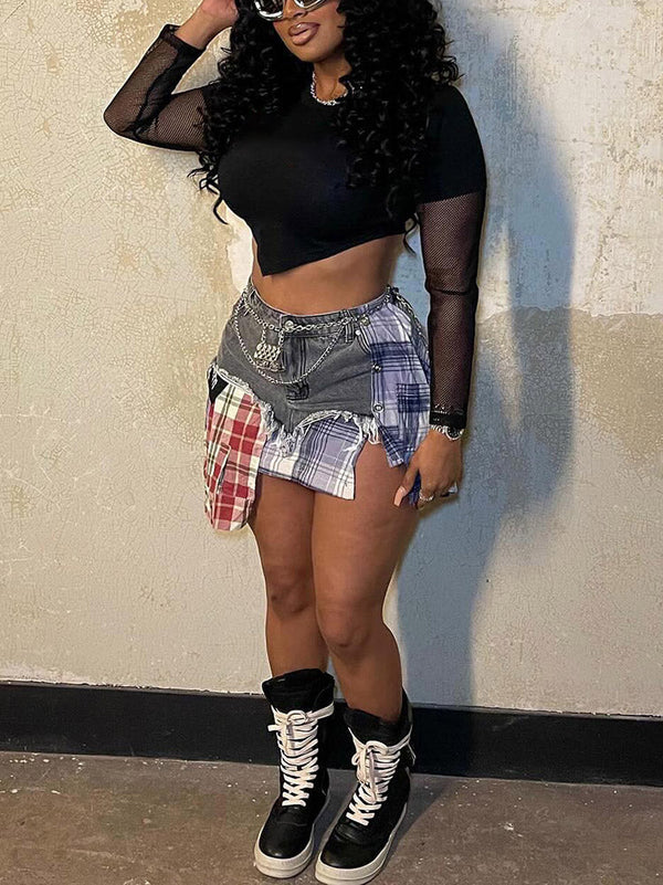 Denim Patchwork Plaid Irregular Skirts