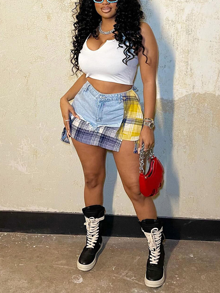 Denim Patchwork Plaid Irregular Skirts