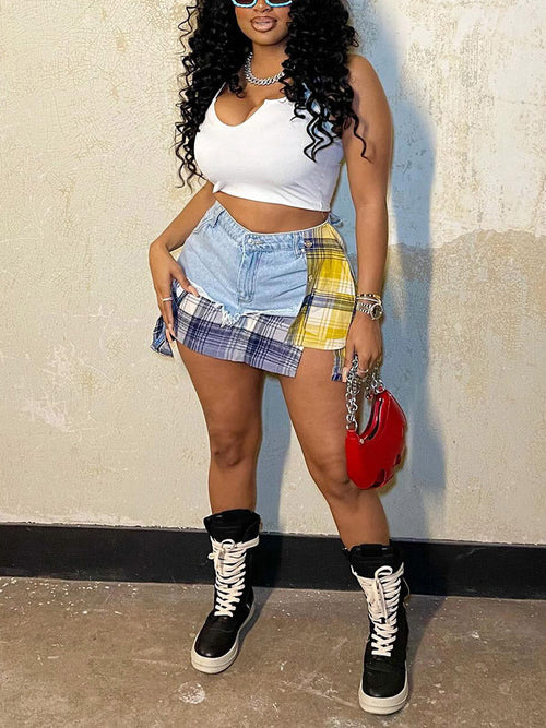 Denim Patchwork Plaid Irregular Skirts
