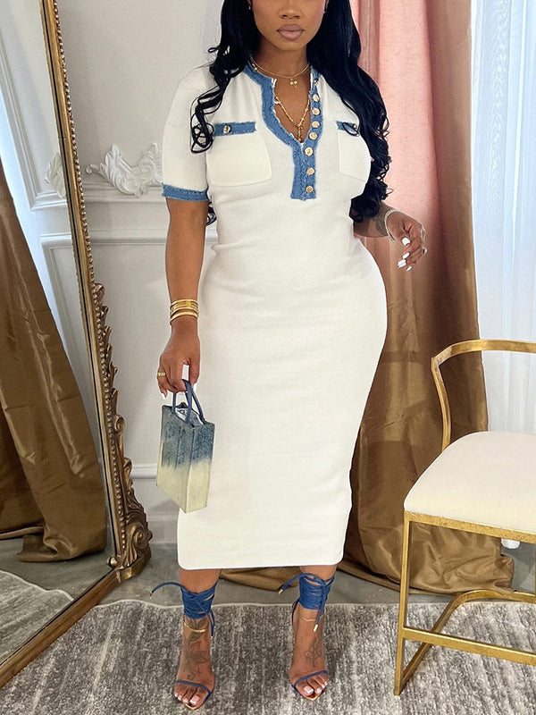 Denim-Trimmed Bodycon Midi Dresses