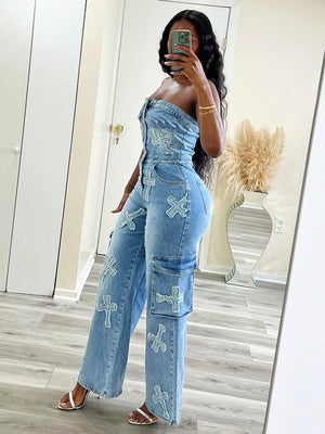 Cross Strapless Denim Jumpsuits