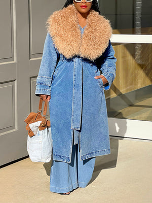 Fur Collar Denim Trench Coats