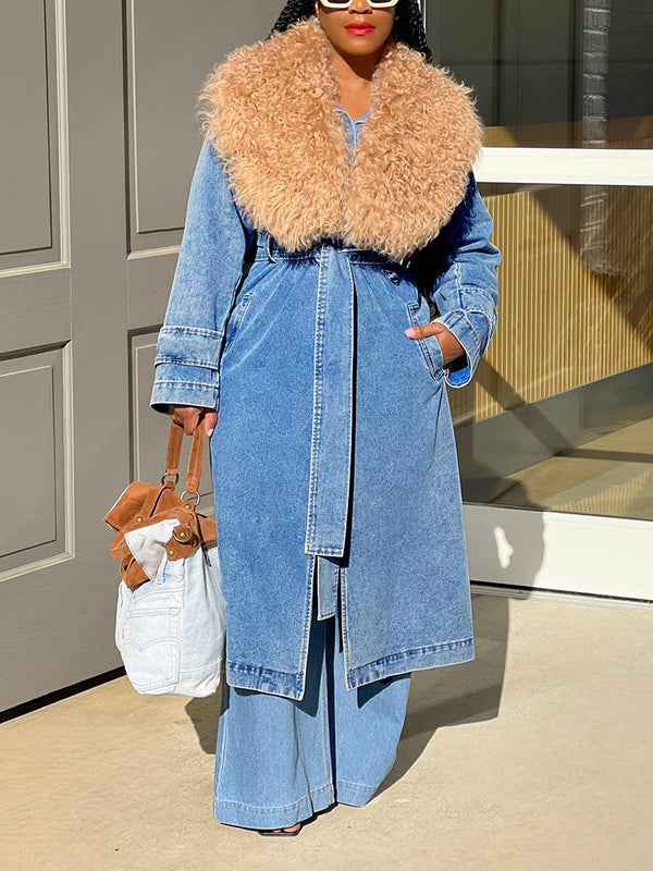 Fur Collar Denim Trench Coats