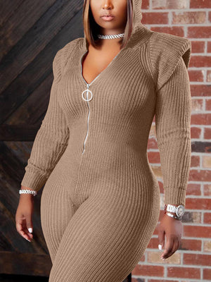 Knitted Padded Shoulder Hooded Jumpsuits