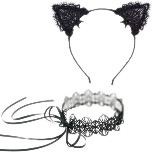YM & Dancer P51 Handmade Black Sexy Lovely Cat Ears Lace Headband Fancy Dress Hair Band Headpiece with Tie up Lace Choker Set