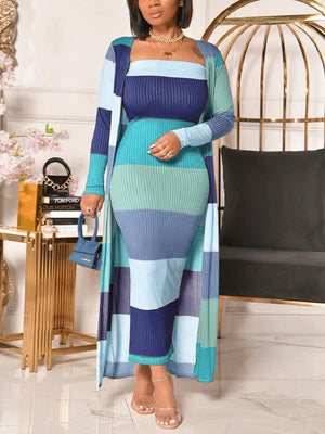 Ribbed Knitted Striped Dress Coat Set