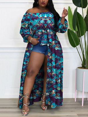 Printed Off Shoulder Slit Tops