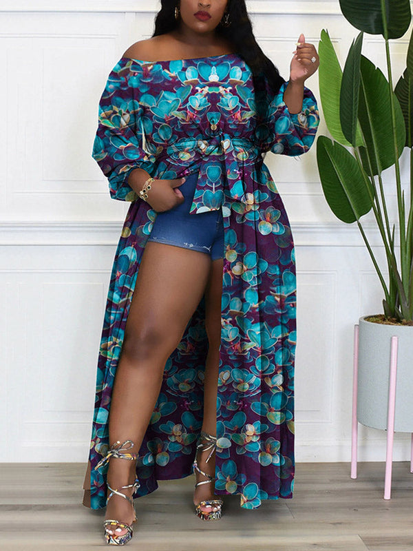 Printed Off Shoulder Slit Tops