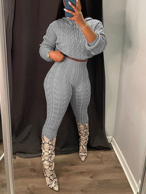 Knit Hoodie Crop Top Pants Set