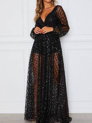 Sequin Mesh V Neck Maxi Dresses